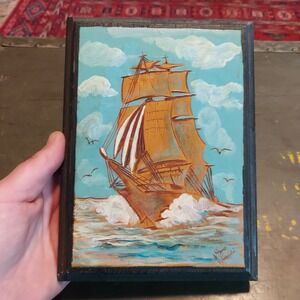 Gino Guidici Signed Tree Fungus Art Nautical Sailing Ship Folk Art Painting NY